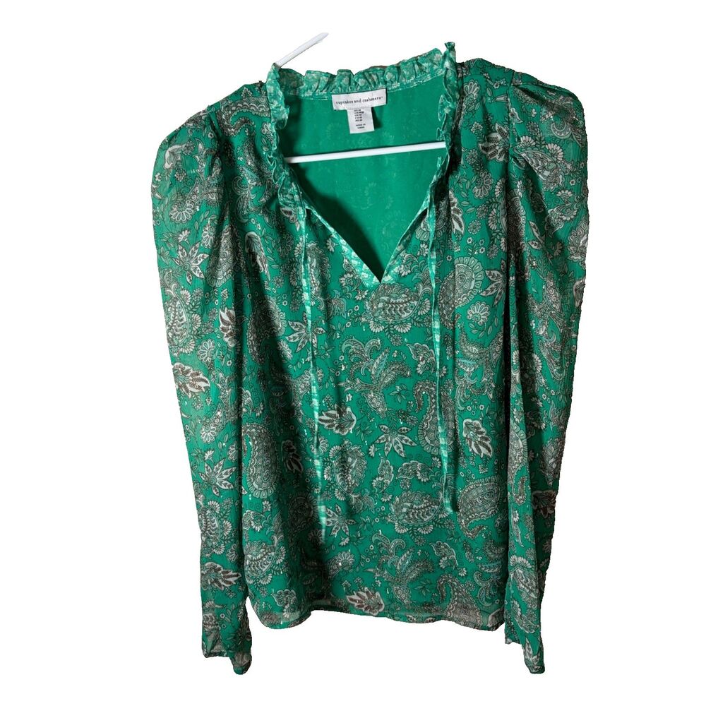 Cupcakes And Cashmere Green Ruffle V-Neck Tie Long Sleeve Casual Top Floral